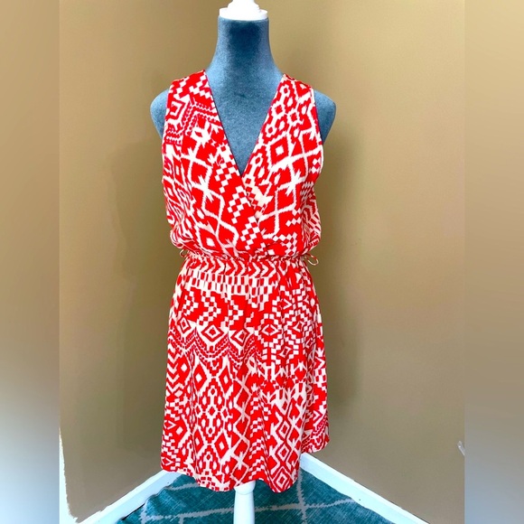 DINA BE Orange & White Patterned Dress with Navy Belt - Picture 2 of 8